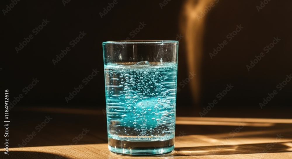 Glass of sparkling water with bubbles in sunlit room Glass of sparkling water with bubbles in sunlit room