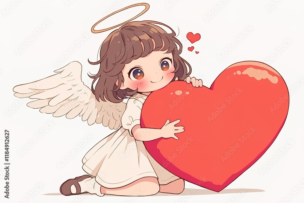 adorable cheerful anime chibi kawaii girl with angel wings and nimbus holding big red heart on white background adorable cheerful anime chibi kawaii girl with angel wings and nimbus holding big red heart on white background