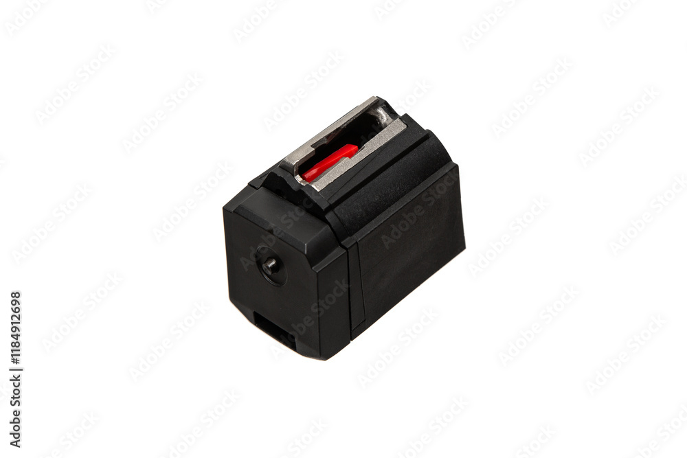 A black magazine for a small-caliber rifle with a red follower, isolated on a white background