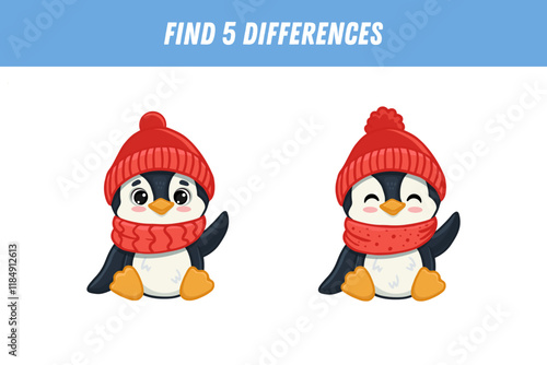 Find 5 differences between two pictures of cute penguin in red hat. Cartoon animal in flat style. Educational logical game for children. Vector illustration
