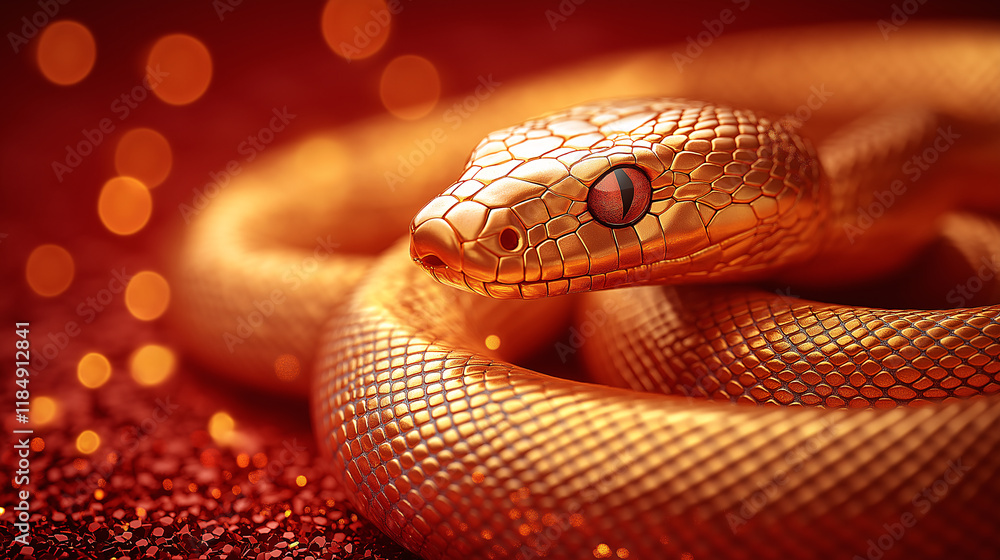 Fototapeta premium A gold coloured snake is curled up on a red surface