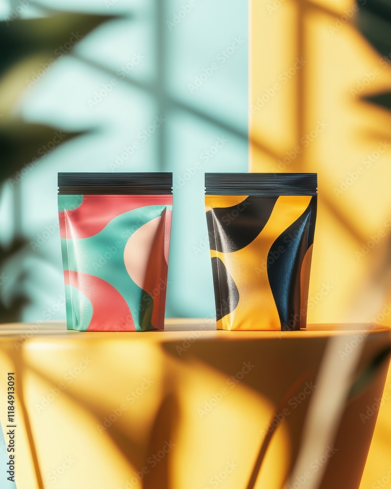 Fototapeta premium Two colorful packaging bags on a pedestal with vibrant shadows and a bright background, creating a modern aesthetic.
