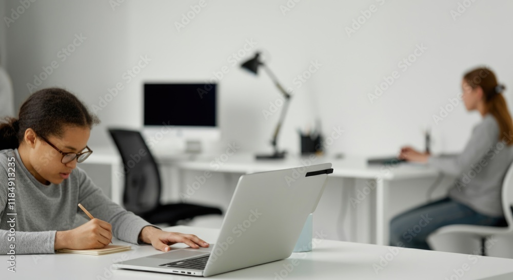 African female adult working in office with caucasian female adult in background African female adult working in office with caucasian female adult in background