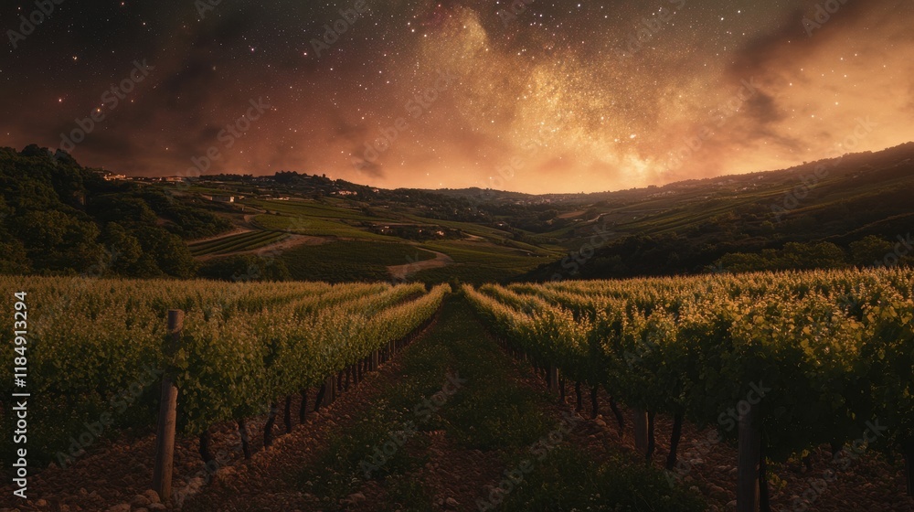 Naklejka premium A serene vineyard landscape under a starry night sky with vibrant green vines stretching into the horizon.