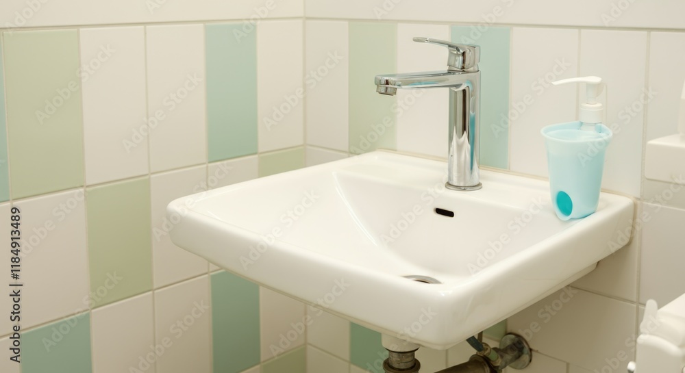 Modern white bathroom sink with single lever faucet and soap dispenser on tiled wall Modern white bathroom sink with single lever faucet and soap dispenser on tiled wall