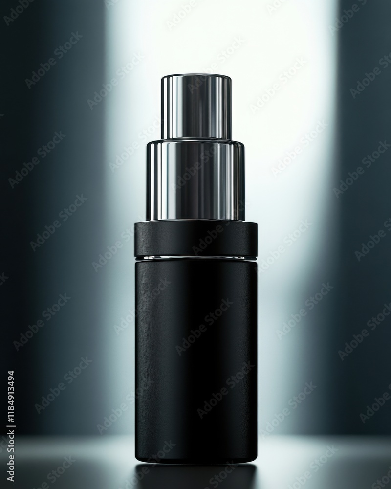 Fototapeta premium Sleek black cosmetic bottle with a shiny silver pump top, elegantly illuminated for a modern aesthetic.