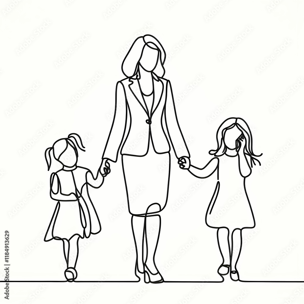 One Line Art Style Drawing: Mother in Business Suit Holding Hands with Her Little Daughters One Line Art Style Drawing: Mother in Business Suit Holding Hands with Her Little Daughters