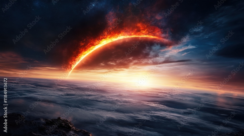 A dramatic scene of a meteor striking Earth, setting the stage for evolutionary change. A dramatic scene of a meteor striking Earth, setting the stage for evolutionary change.