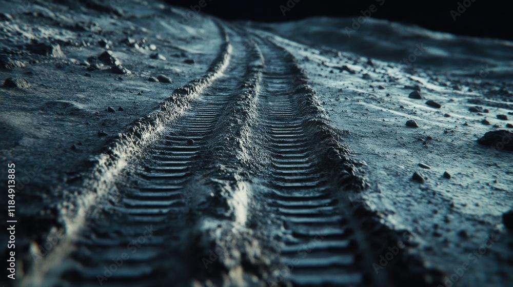 Close-up of lunar surface tire tracks creating a mysterious and rugged landscape. Close-up of lunar surface tire tracks creating a mysterious and rugged landscape.