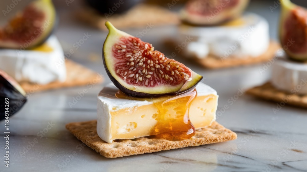 Close-up of a delicious dessert featuring creamy cheese topped with fresh figs and drizzle of honey on a graham cracker. Close-up of a delicious dessert featuring creamy cheese topped with fresh figs and drizzle of honey on a graham cracker.