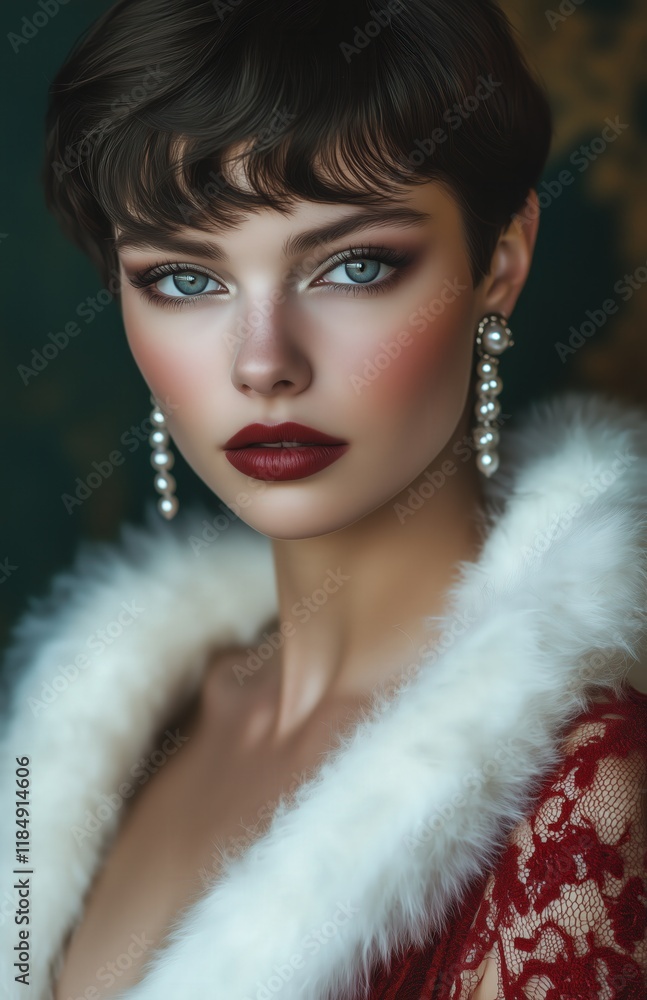 Captivating beauty with pearl earrings under soft lighting in a vintage-inspired setting Captivating beauty with pearl earrings under soft lighting in a vintage-inspired setting