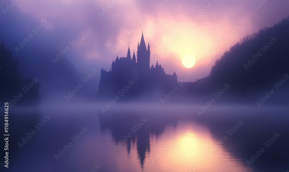 A Misty Castle at Sunset Over Calm Waters A Misty Castle at Sunset Over Calm Waters