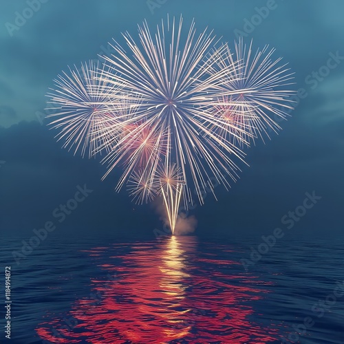 Stunning Fireworks Display Over Calm Ocean at Night photo