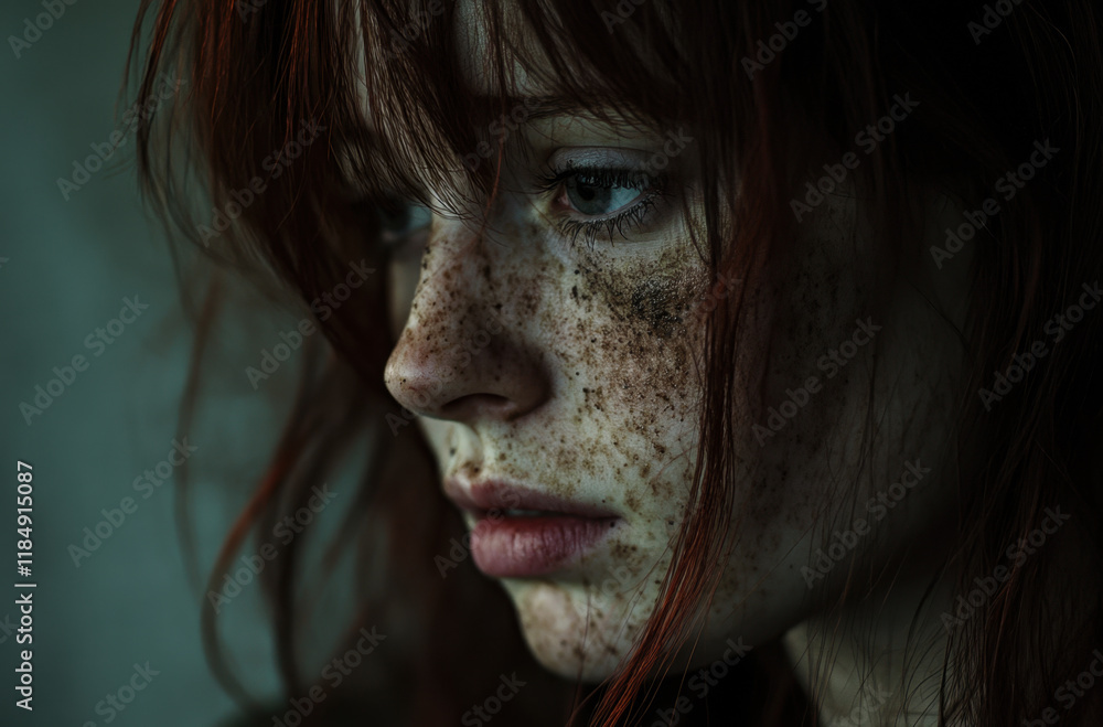 A young woman with striking freckles and long reddish hair appears lost in thought. The soft light highlights her features, creating an intimate and contemplative atmosphere. A young woman with striking freckles and long reddish hair appears lost in thought. The soft light highlights her features, creating an intimate and contemplative atmosphere.