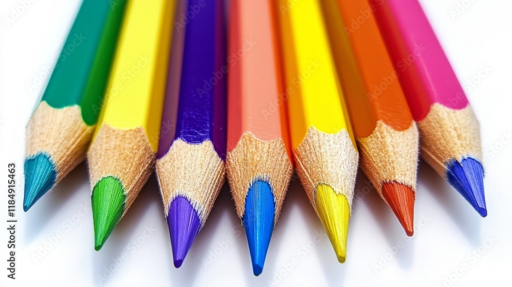Fototapeta premium Close-up of Sharpened Colored Pencils in a Rainbow Arrangement