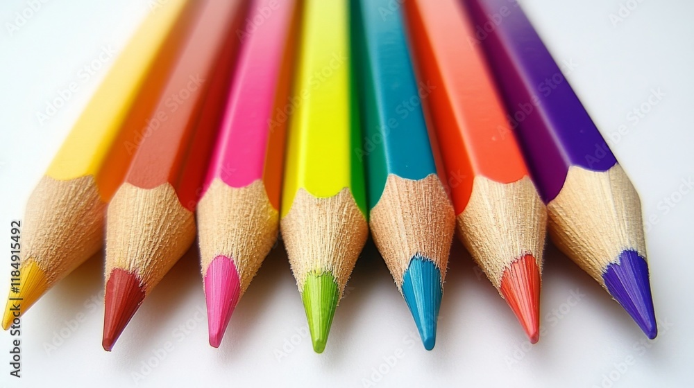 Close-up of Sharpened Colored Pencils, Vibrant Hues, Art Supplies Close-up of Sharpened Colored Pencils, Vibrant Hues, Art Supplies