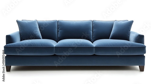 A steel-blue sofa with a sleek profile and plush, comfortable fabric 