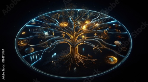 A tree of life with glowing branches, each depicting a pivotal moment in Earth's history.