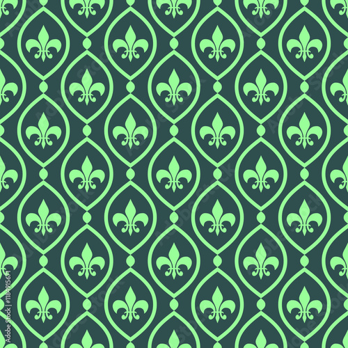 Dark slate gray and mint green colors fleur de lis seamless pattern