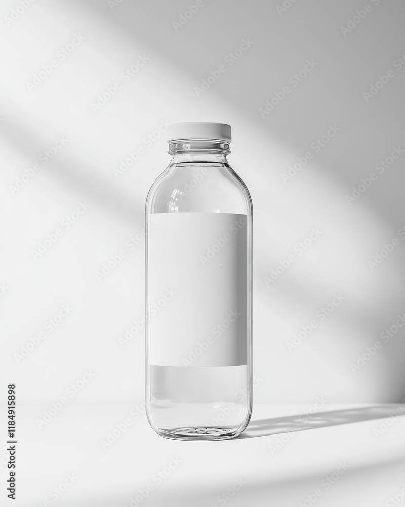 Clear glass water bottle with a blank label, illuminated by soft natural light. Clear glass water bottle with a blank label, illuminated by soft natural light.