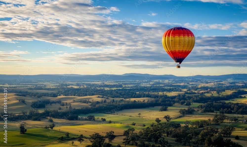 Naklejka premium A solitary hot air balloon hovering in the sky above a vast landscape, solitude, hot air balloons, aerial