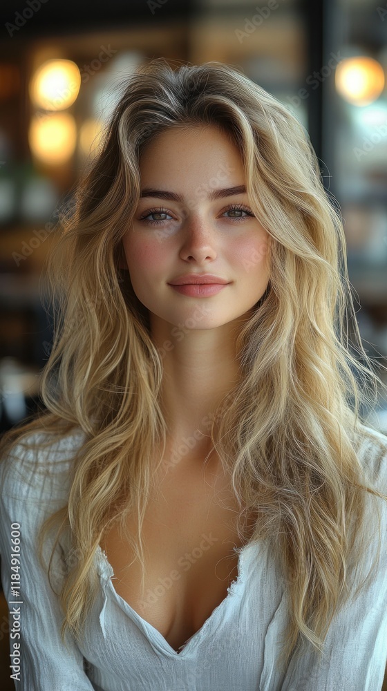 portrait of young attractive woman with long, wavy blonde hair and soft smile in restaurant interior. natural beauty concept. lifestyle, fashion, modeling portrait of young attractive woman with long, wavy blonde hair and soft smile in restaurant interior. natural beauty concept. lifestyle, fashion, modeling