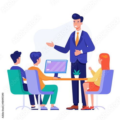 A project manager engages with a team of four individuals during a meeting focused on discussing project tasks and areas of responsibility. The setting is a modern workspace, fostering collaboration