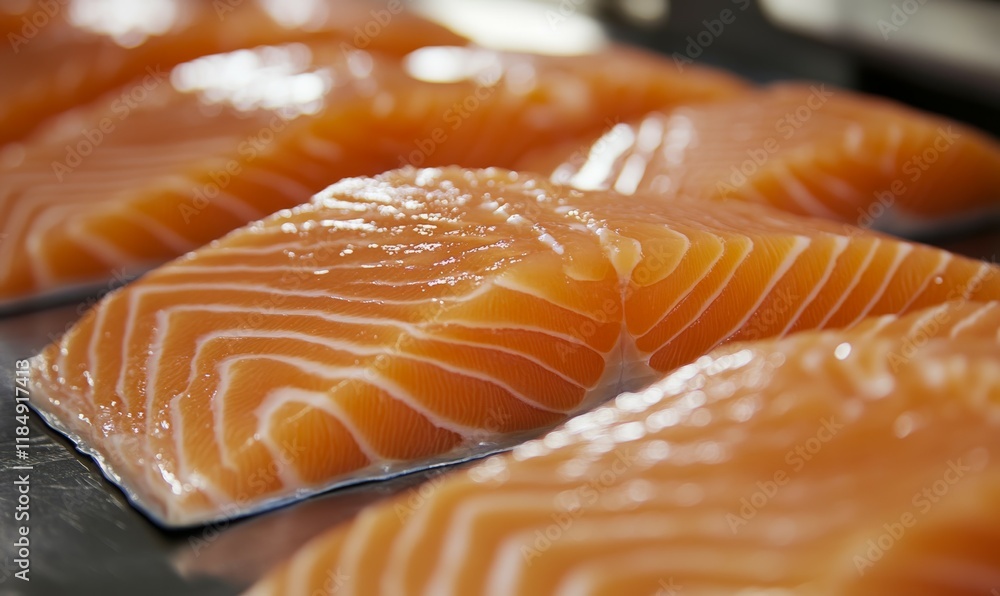 Food Worker Inspecting Fresh Salmon Fillets on Processing Line Food Worker Inspecting Fresh Salmon Fillets on Processing Line