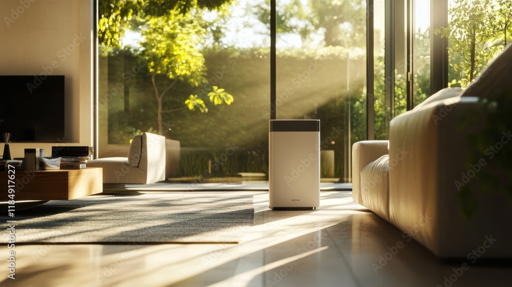 Fototapeta premium Modern Air Purifier in a Sunlit Living Room: Clean Air, Healthy Lifestyle
