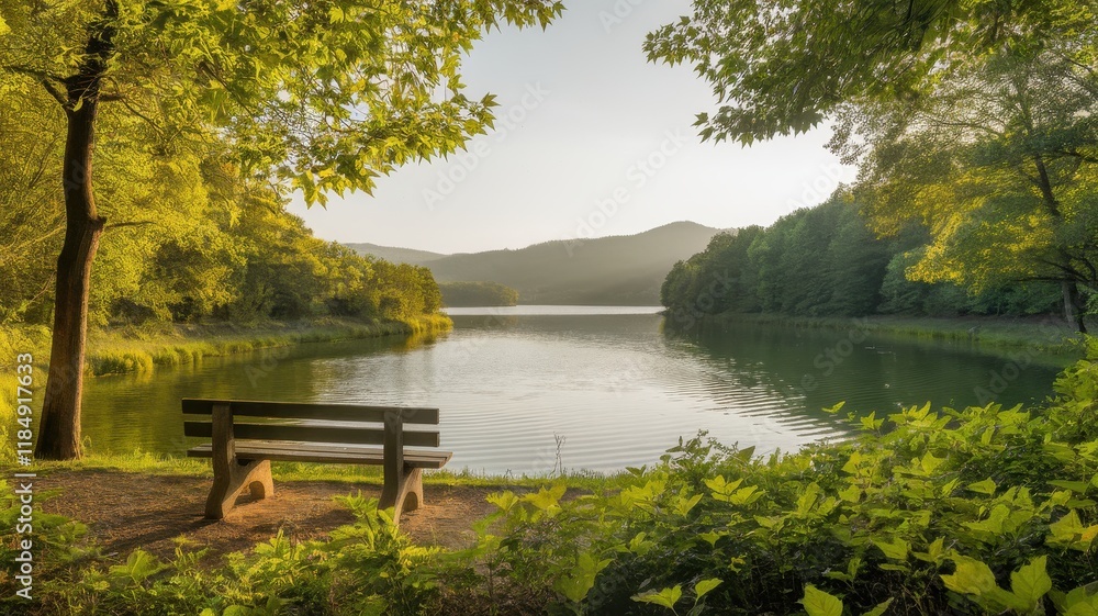 Serene lakeside view with a wooden bench, surrounded by lush greenery and tranquil water reflecting the soft light of a golden hour. Serene lakeside view with a wooden bench, surrounded by lush greenery and tranquil water reflecting the soft light of a golden hour.