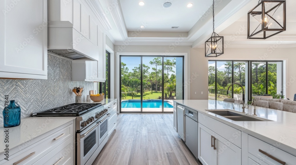 Modern Luxury Kitchen with Pool View Modern Luxury Kitchen with Pool View