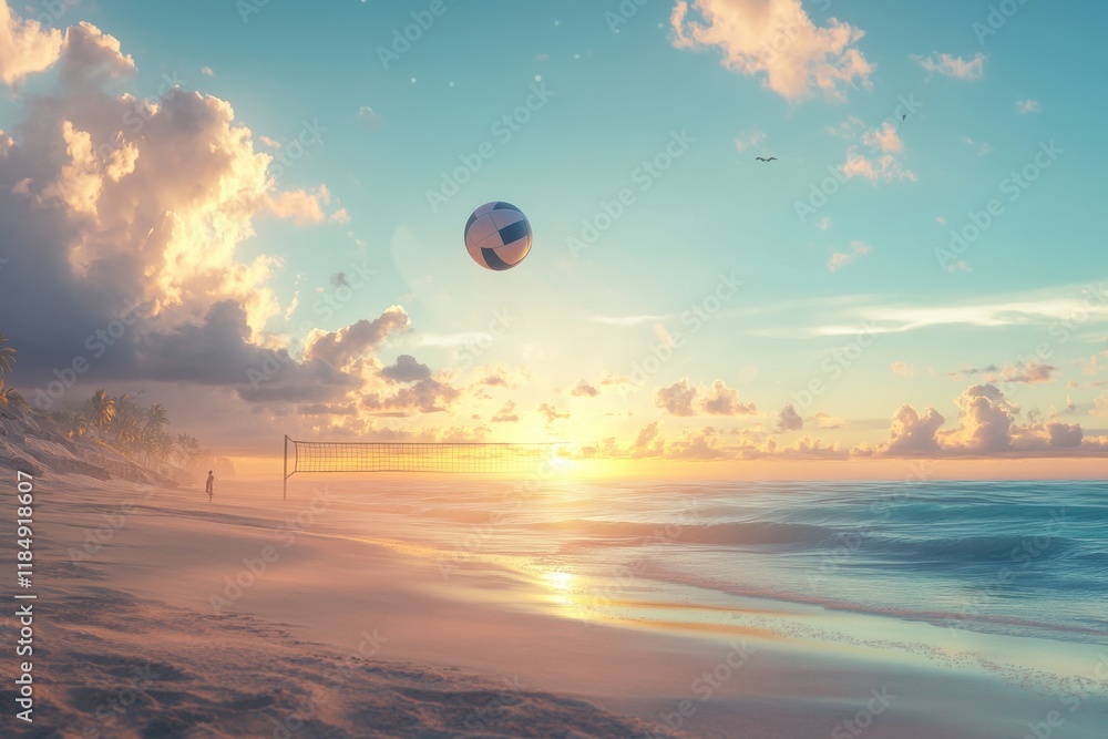 A serene beach scene with a volleyball soaring in the sunset sky, evoking relaxation and adventure. A serene beach scene with a volleyball soaring in the sunset sky, evoking relaxation and adventure.