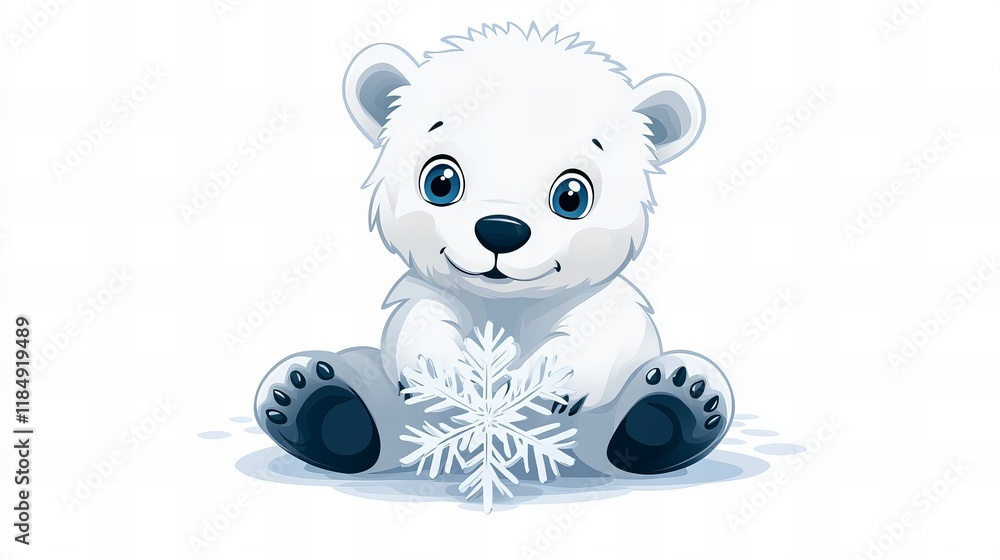 Obraz premium Adorable polar bear cub sitting with a snowflake. Winter wonderland charm!