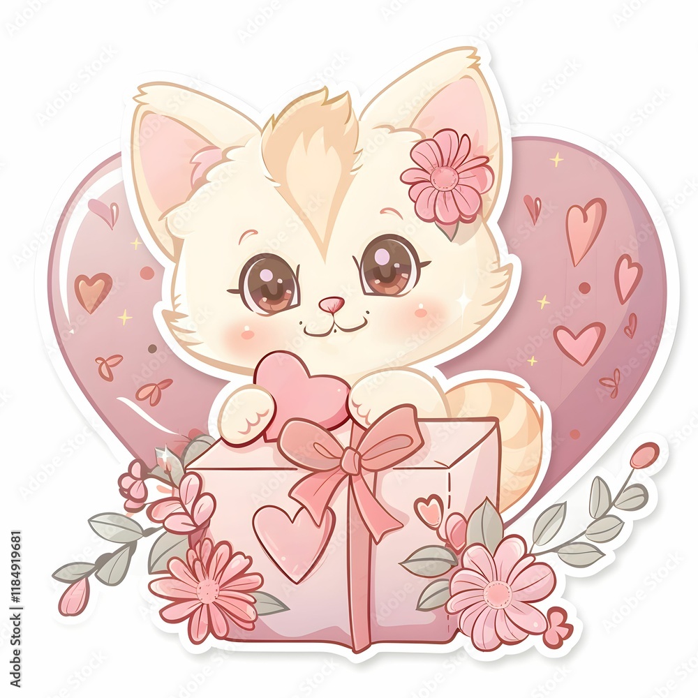 Cute kitten with heart-shaped gift box and flowers in pastel colors Cute kitten with heart-shaped gift box and flowers in pastel colors