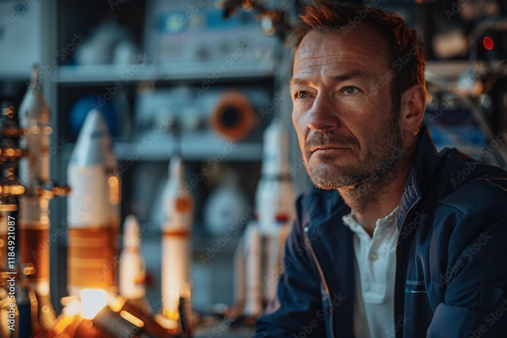 Obraz premium In a workshop filled with model rockets and space equipment, an engineer reflects on advancements in space exploration