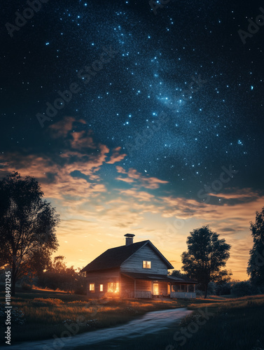 Scenic rural farmhouse illuminated under a starry night sky with AI-powered aesthetics