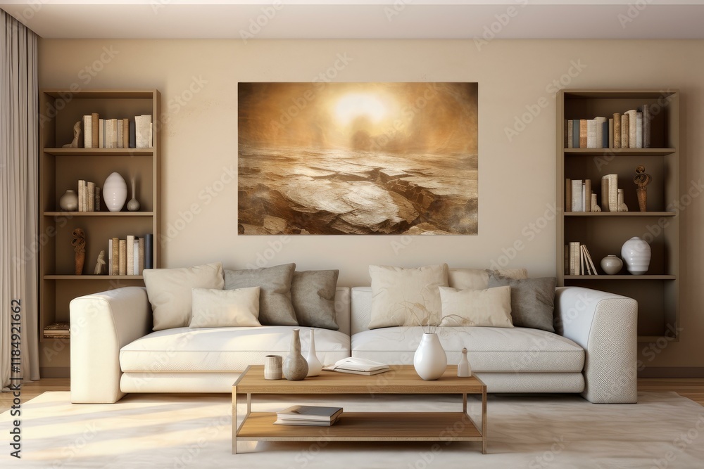Fototapeta premium Cozy living room with white sofa, wooden furniture, bookcases, and a large painting depicting the martian landscape