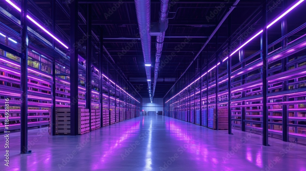 Fototapeta premium Modern warehouse interior with purple LED lighting, rows of empty shelves and pallets.