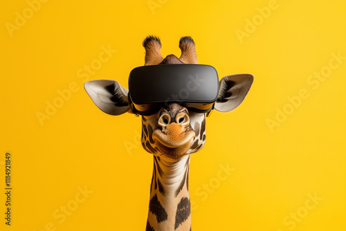 Giraffe wearing digital VR headset on head against vibrant yellow background with copy space, funny greeting card, playing games. Free time activity concept.