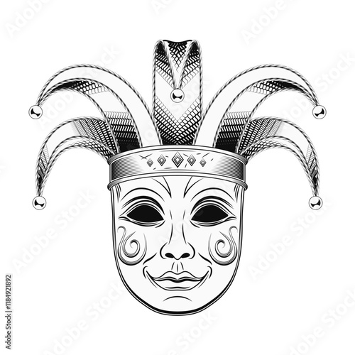 Carnival venetian face mask with jester tomfool hat. Mardi gras themed detailed black and white illustration in vintage style. Front view.