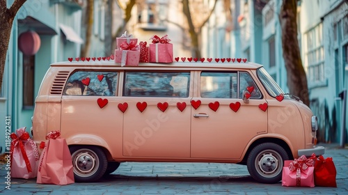 Half Minivan in Soft Smoke, Embellished with Valentine's Day Heart Garlands and Gift Bags photo