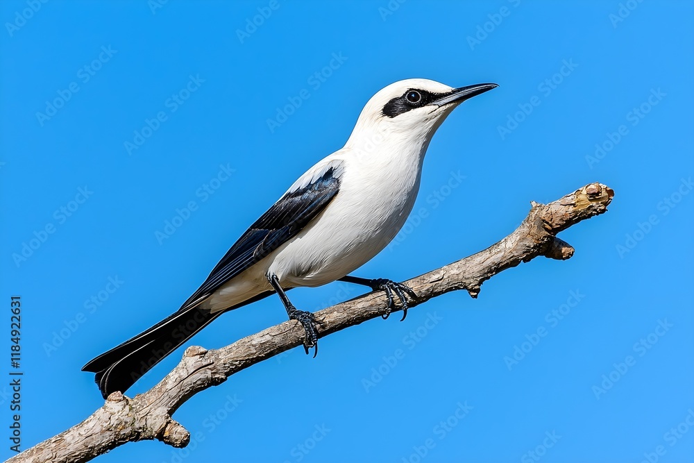 A white and black bird perched on a branch against a clear blue sky, showcasing its sleek feathers and sharp beak. A white and black bird perched on a branch against a clear blue sky, showcasing its sleek feathers and sharp beak.