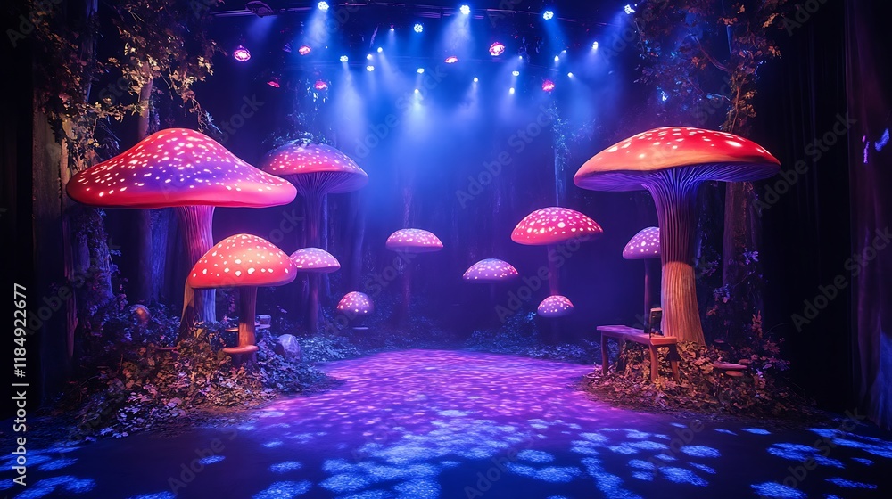 Fototapeta premium A stage with an enchanted forest theme featuring glowing mushrooms and ethereal lighting 