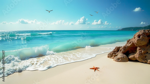 Tropical beach, blue sky, palm trees.
