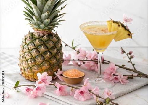 Still Life of Pineapple, Cocktail Glass, and Delicate Pink Flowers photo