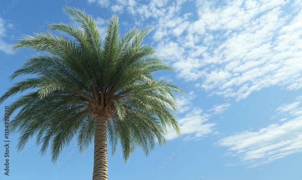 Palm tree is shown with its leaves spread out, and the sky is blue with a few clouds. Concept of relaxation and tranquility, as the palm tree and the blue sky create a peaceful atmosphere Palm tree is shown with its leaves spread out, and the sky is blue with a few clouds. Concept of relaxation and tranquility, as the palm tree and the blue sky create a peaceful atmosphere