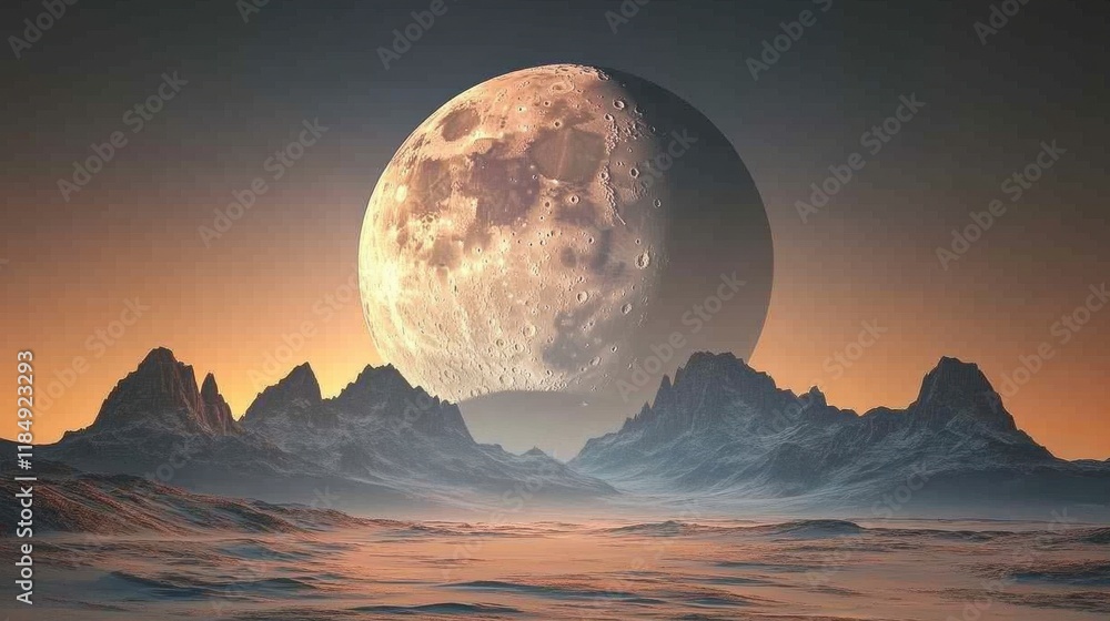 A stunning landscape with a large full moon rising over snow-covered mountains at dusk. A stunning landscape with a large full moon rising over snow-covered mountains at dusk.