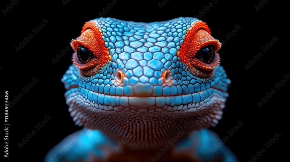 Obraz premium Close-up of a vibrant blue lizard's head with orange accents against a black background.