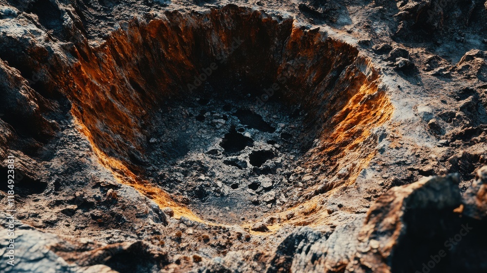 Close-up of a fiery crater with a rugged, rocky texture, showcasing glowing orange and black hues. Close-up of a fiery crater with a rugged, rocky texture, showcasing glowing orange and black hues.