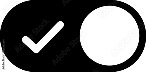 On toggle switch button flat icon. Switch button ON isolated on transparent background. Power on and slider switch icon. Modern web and mobile app switch button interface element. Black, white button.